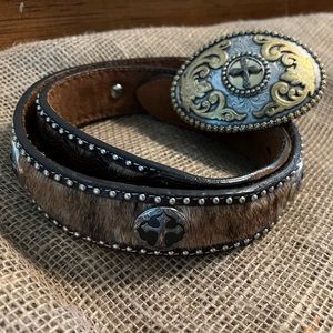 Western Hide-on Leather Belt with cross conchos and buckle
